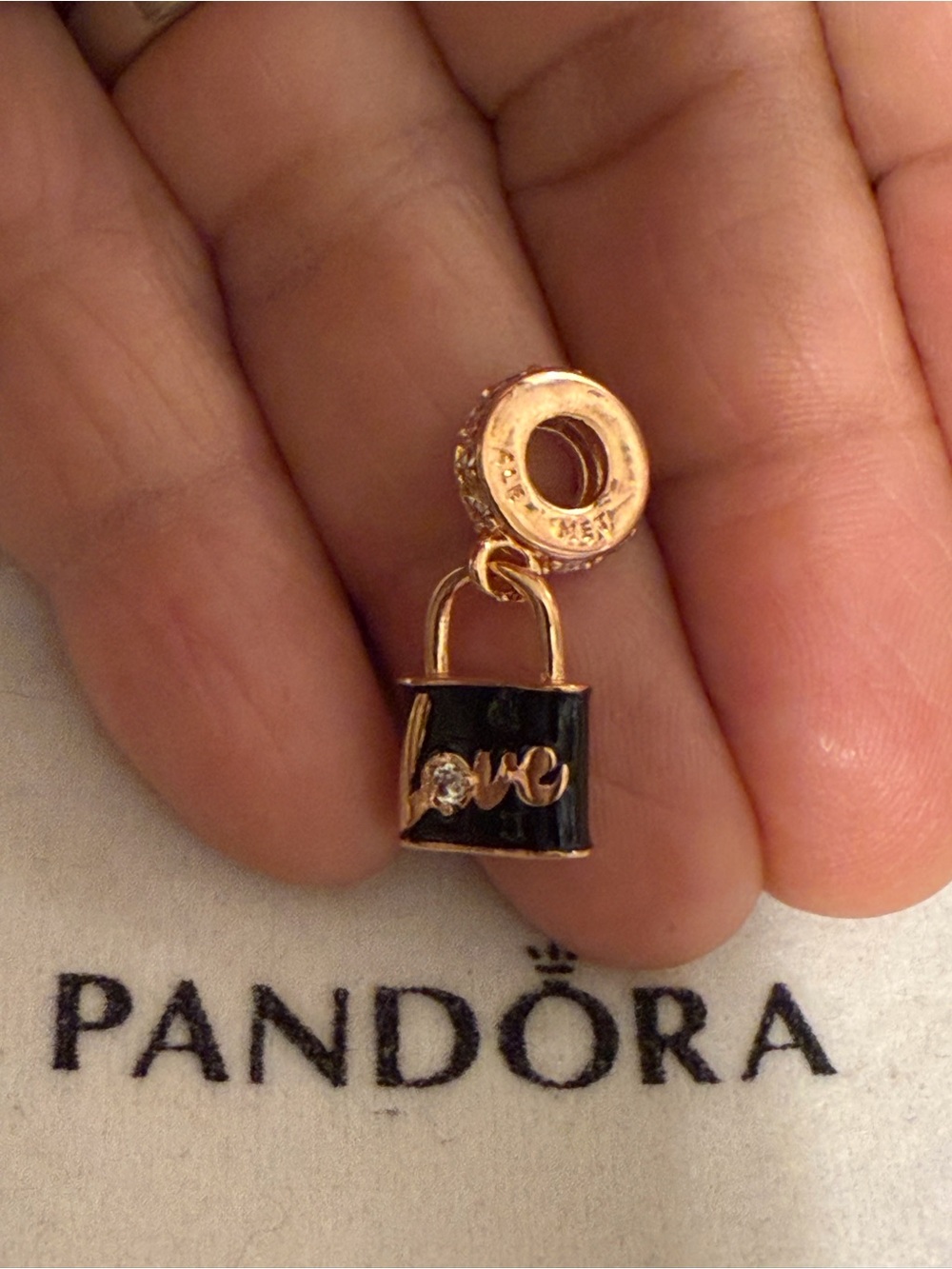 Pandora Rose Gold Black Enamel 'Love' Padlock Dangle Charm